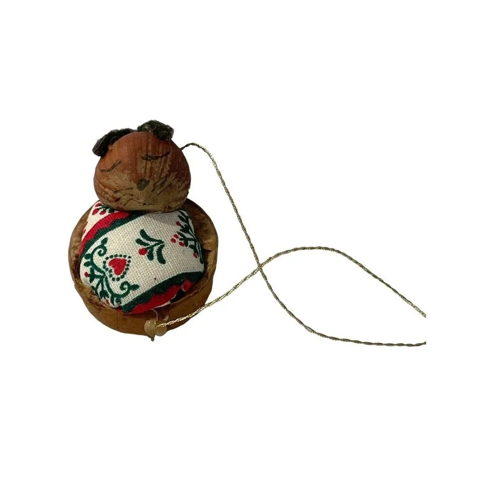 Adorable hazelnut‎ mouse in walnut cradle Christmas Ornament Handmade Vintage